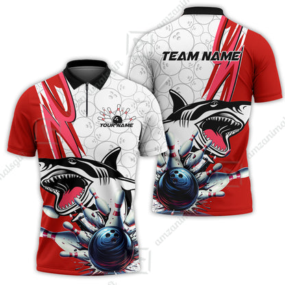 Custom Shark Bowling Team Jersey,  Shark Bowling Jersey Multicolor Polo Quarter-Zip Shirts, Bowling Uniforms Jerseys, Custom Name And Team Name