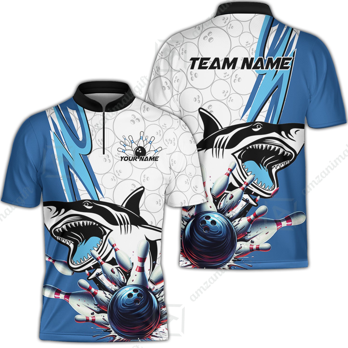 Custom Shark Bowling Team Jersey,  Shark Bowling Jersey Multicolor Polo Quarter-Zip Shirts, Bowling Uniforms Jerseys, Custom Name And Team Name