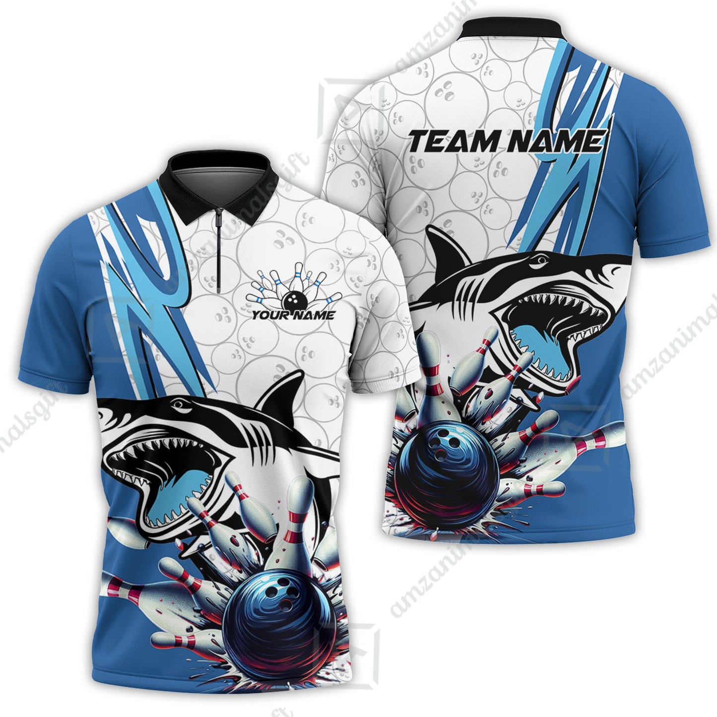 Custom Shark Bowling Team Jersey,  Shark Bowling Jersey Multicolor Polo Quarter-Zip Shirts, Bowling Uniforms Jerseys, Custom Name And Team Name
