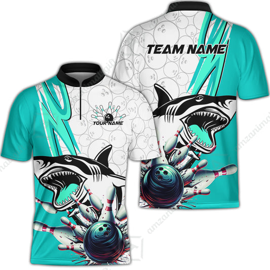 Custom Shark Bowling Team Jersey,  Shark Bowling Jersey Multicolor Polo Quarter-Zip Shirts, Bowling Uniforms Jerseys, Custom Name And Team Name