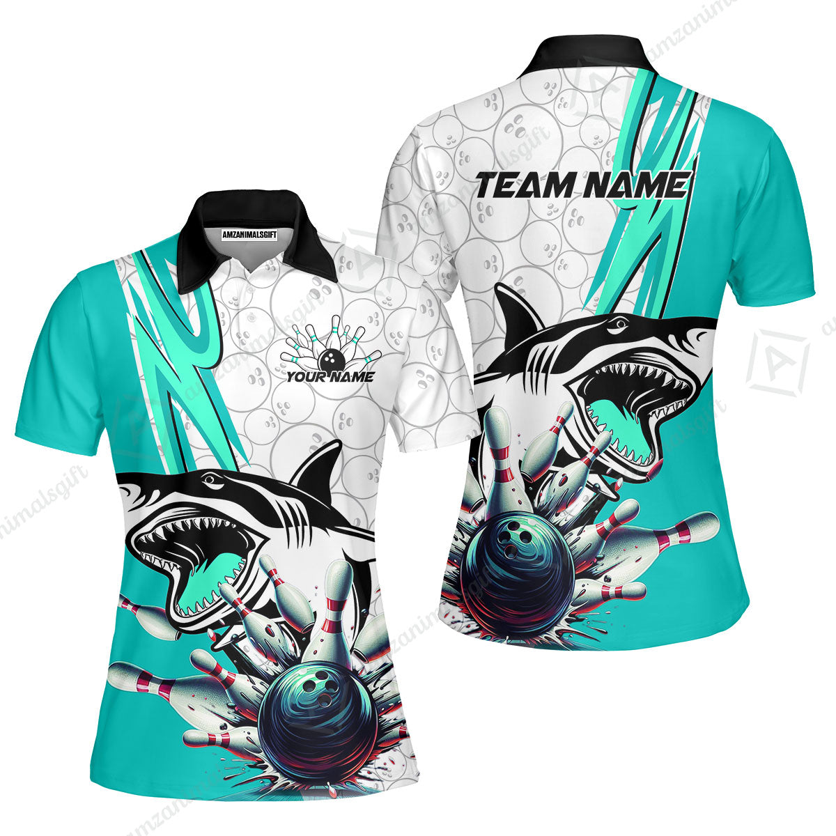 Custom Shark Bowling Team Jersey,  Shark Bowling Jersey Multicolor Polo Quarter-Zip Shirts, Bowling Uniforms Jerseys, Custom Name And Team Name