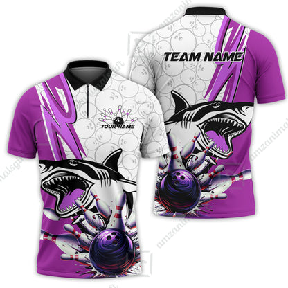 Custom Shark Bowling Team Jersey,  Shark Bowling Jersey Multicolor Polo Quarter-Zip Shirts, Bowling Uniforms Jerseys, Custom Name And Team Name