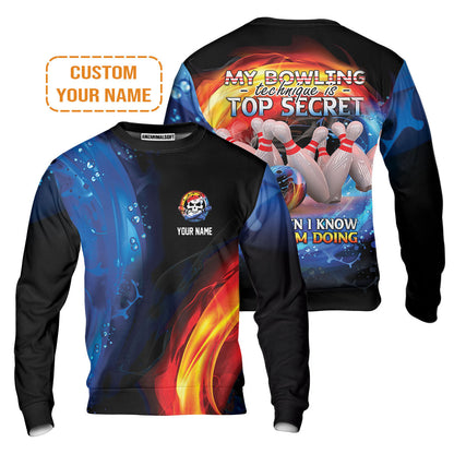 Customized Name Bowling T-Shirt, My Bowling Technique is Top Secret Personalized Bowling T-Shirt