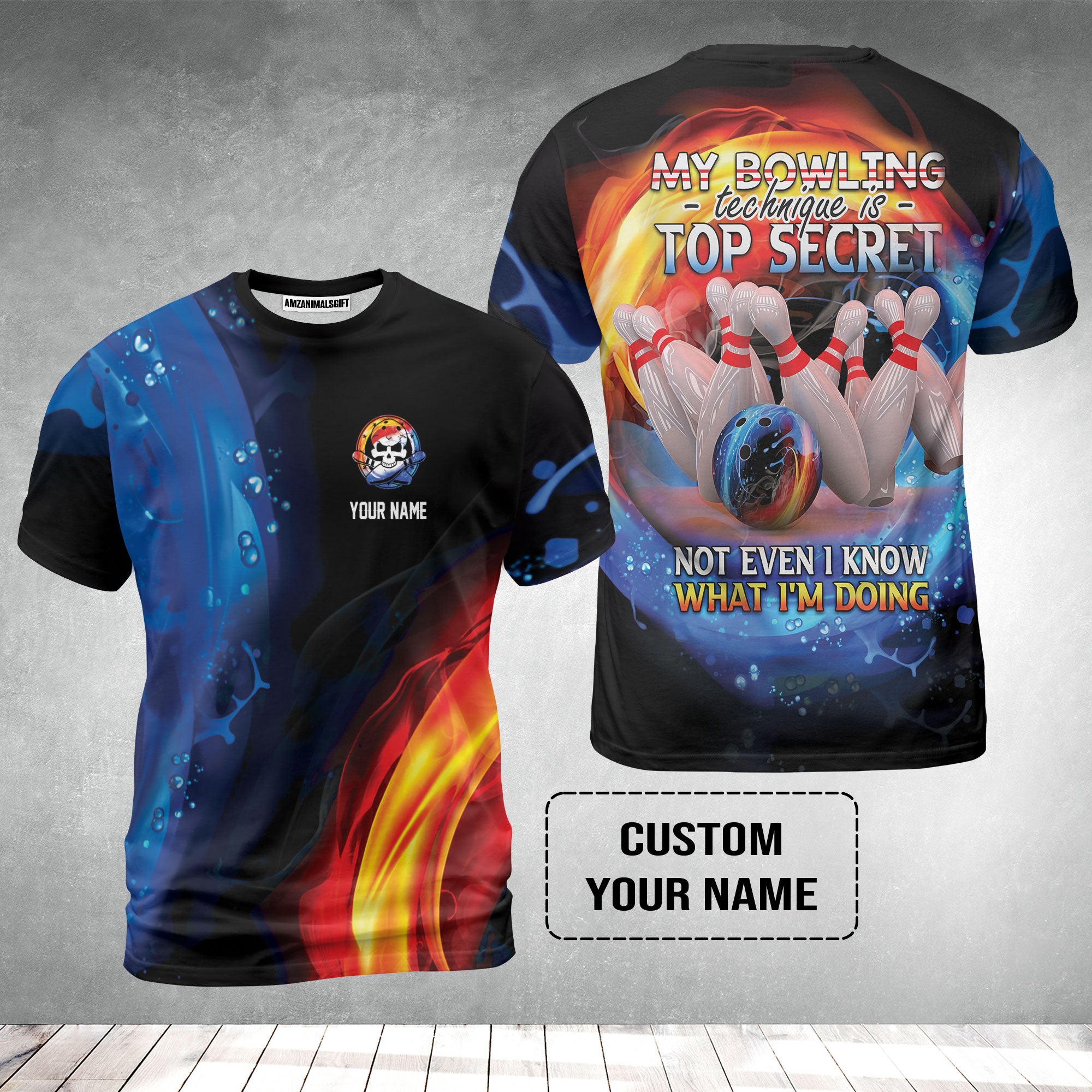 Customized Name Bowling T-Shirt, My Bowling Technique is Top Secret Personalized Bowling T-Shirt
