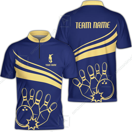 Bowling Customized Jersey Navy Shirt Gold Curve Bowling Tenpin Quarter Zip Shirt, Outfit For Bowlers, Bowling Team