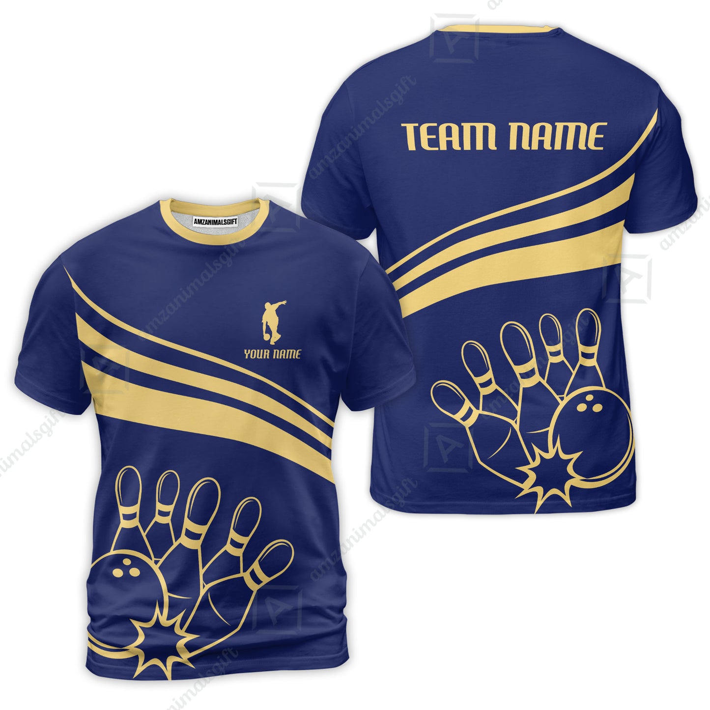 Bowling Customized Jersey Navy Shirt Gold Curve Bowling Tenpin Quarter Zip Shirt, Outfit For Bowlers, Bowling Team