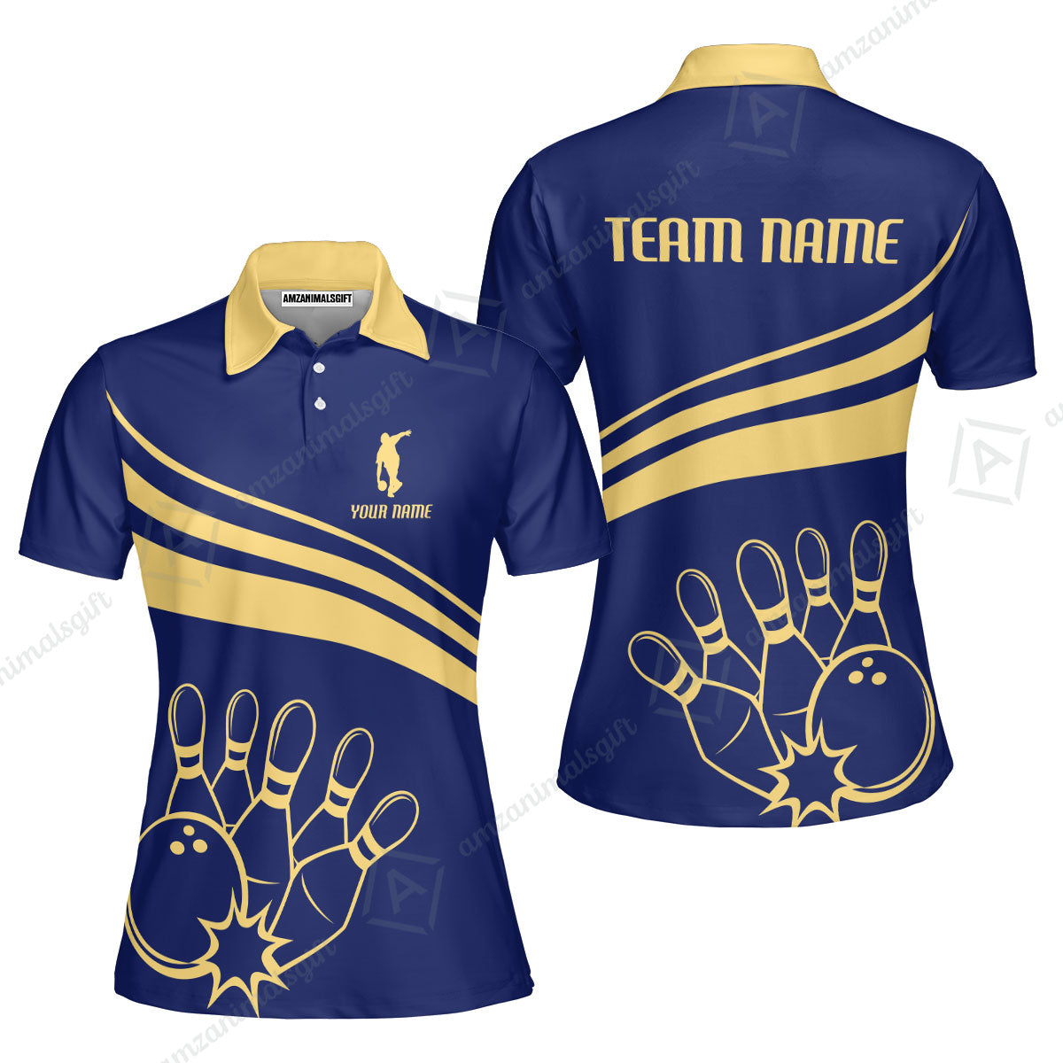 Bowling Customized Jersey Navy Shirt Gold Curve Bowling Tenpin Quarter Zip Shirt, Outfit For Bowlers, Bowling Team