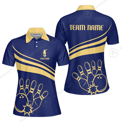 Bowling Customized Jersey Navy Shirt Gold Curve Bowling Tenpin Quarter Zip Shirt, Outfit For Bowlers, Bowling Team