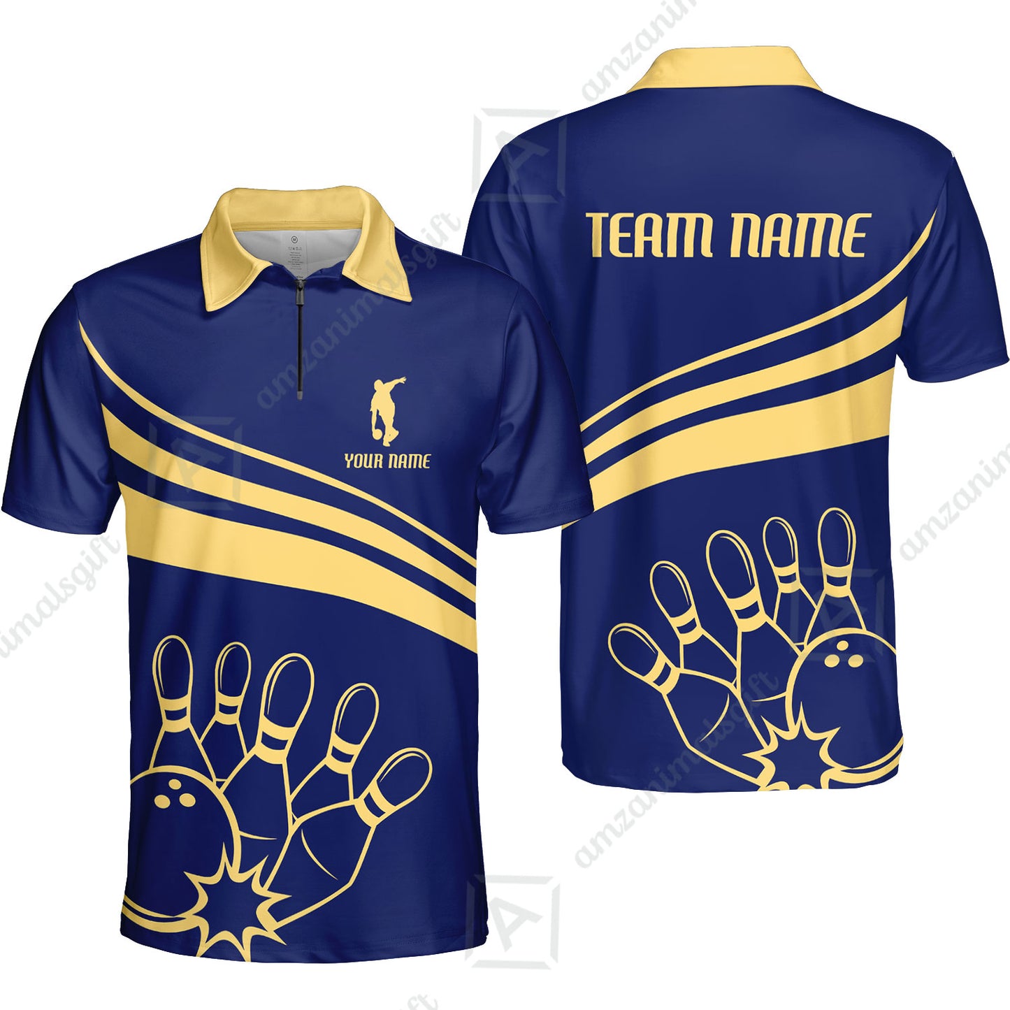 Bowling Customized Jersey Navy Shirt Gold Curve Bowling Tenpin Quarter Zip Shirt, Outfit For Bowlers, Bowling Team