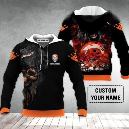 Customized Name Bowling Hoodie, Orange Grim Reaper Personalized Bowling Hoodie