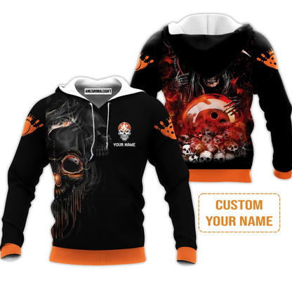 Customized Name Bowling Hoodie, Orange Grim Reaper Personalized Bowling Hoodie