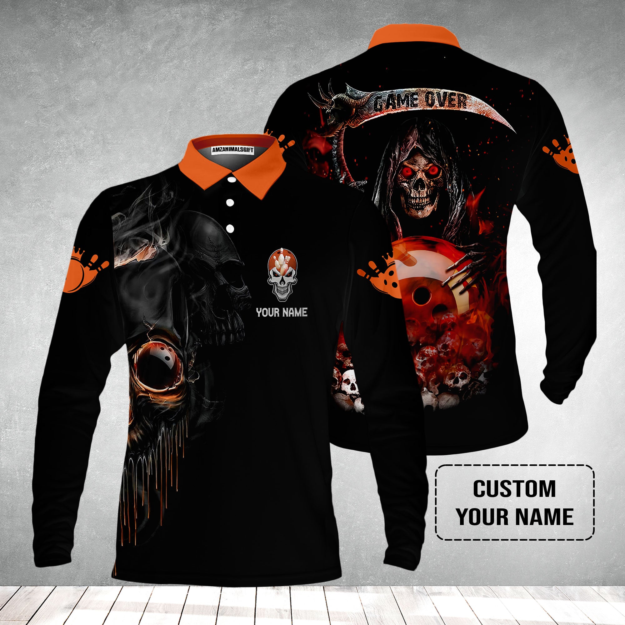Customized Name Bowling Men's Long Sleeve Polo Shirt, Orange Grim Reaper Personalized Bowling Long Sleeve Polo Shirt