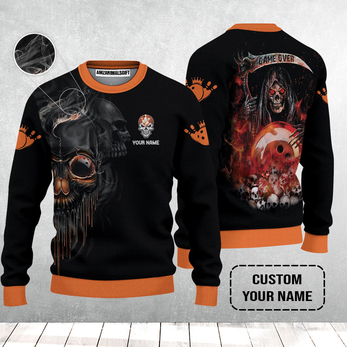 Customized Name Bowling Sweater, Orange Grim Reaper Personalized Bowling Sweater