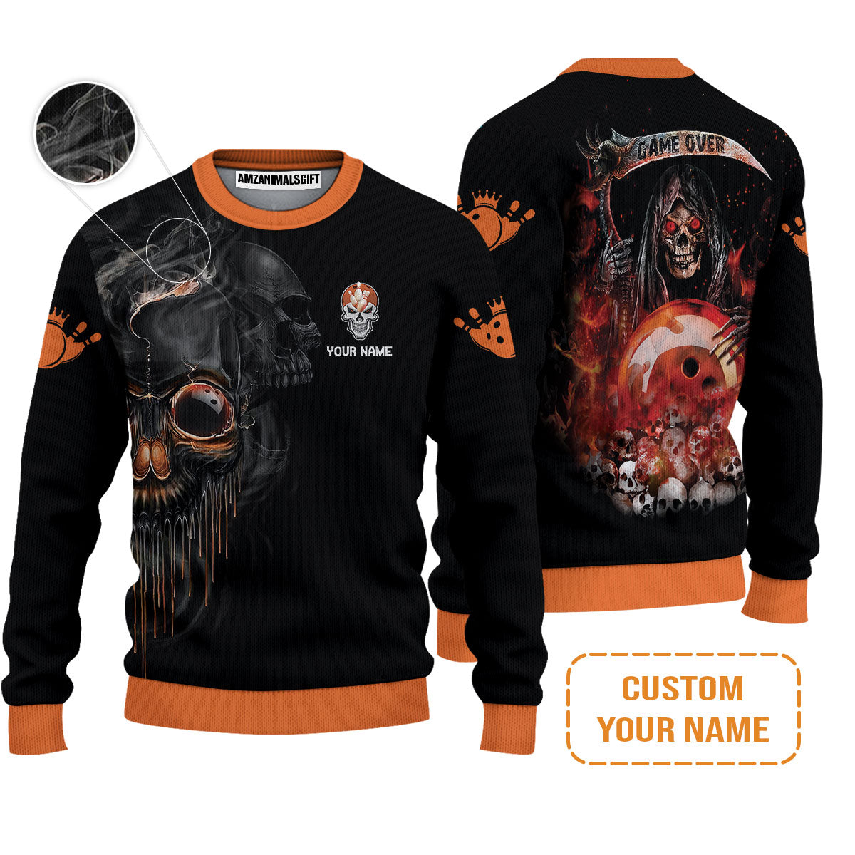 Customized Name Bowling Hoodie, Orange Grim Reaper Personalized Bowling Hoodie