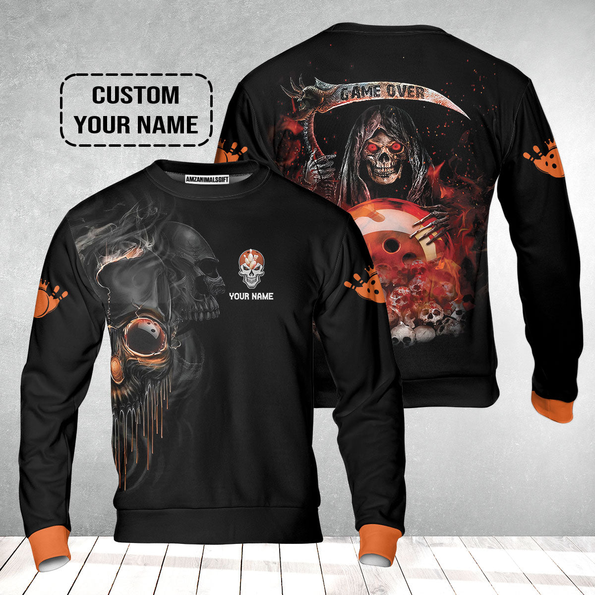Customized Name Bowling Sweatshirt, Orange Grim Reaper Personalized Bowling Sweatshirt