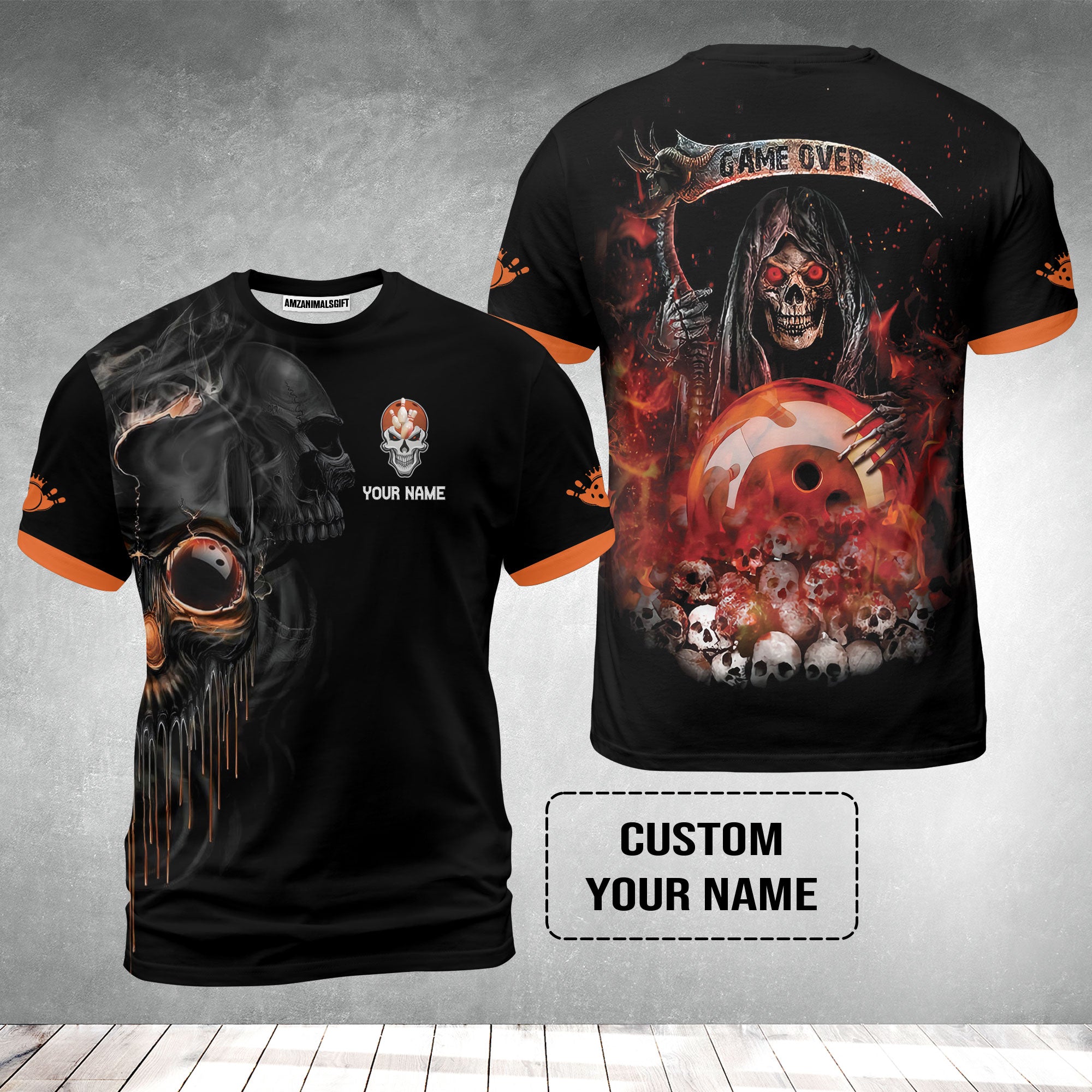 Customized Name Bowling T-Shirt, Orange Grim Reaper Personalized Bowling T-Shirt