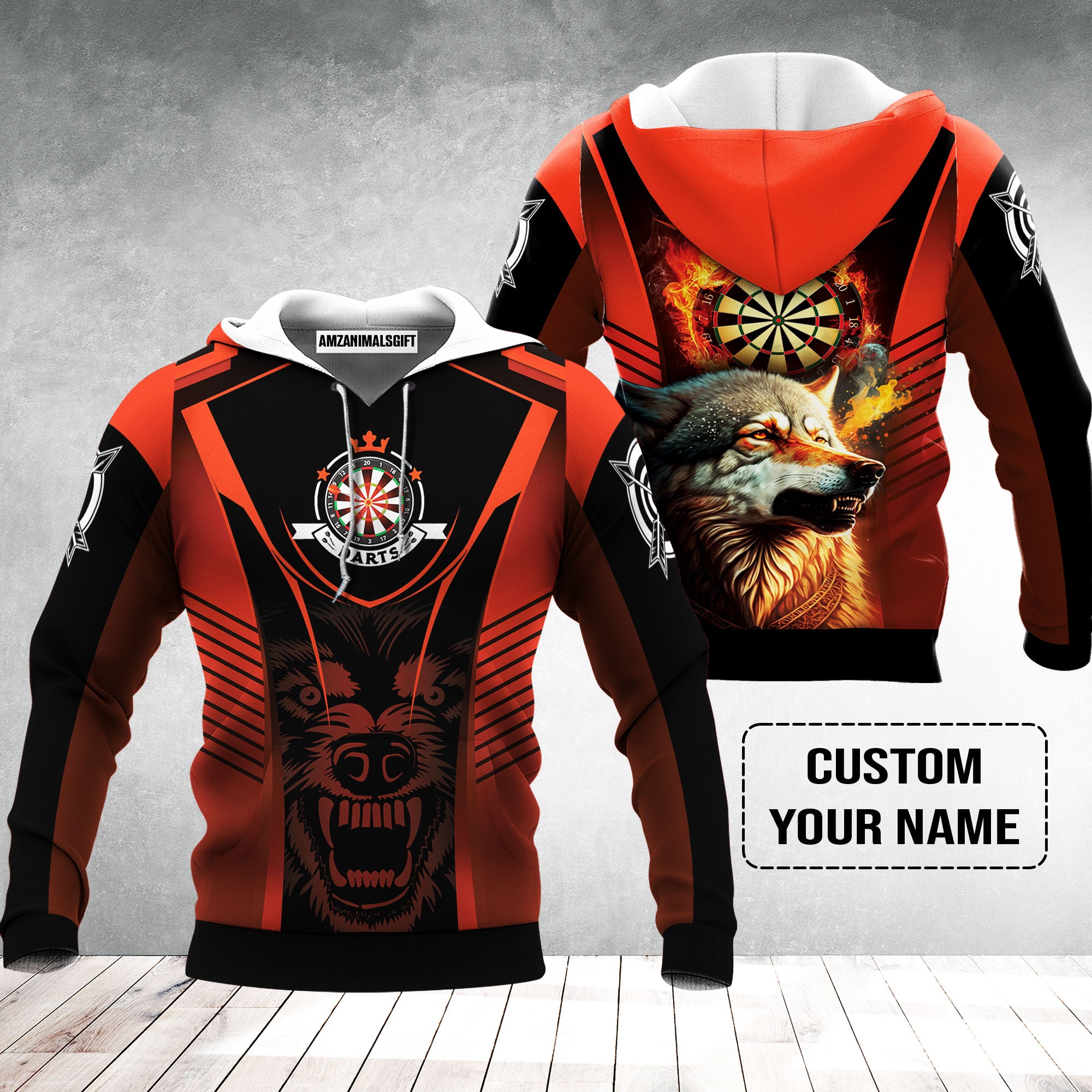 Custom Name Darts Hoodie , Orange Wolf Dartboard Personalized Hoodie - Gift For Darts Players