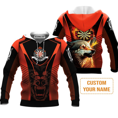 Custom Name Darts Hoodie , Orange Wolf Dartboard Personalized Hoodie - Gift For Darts Players