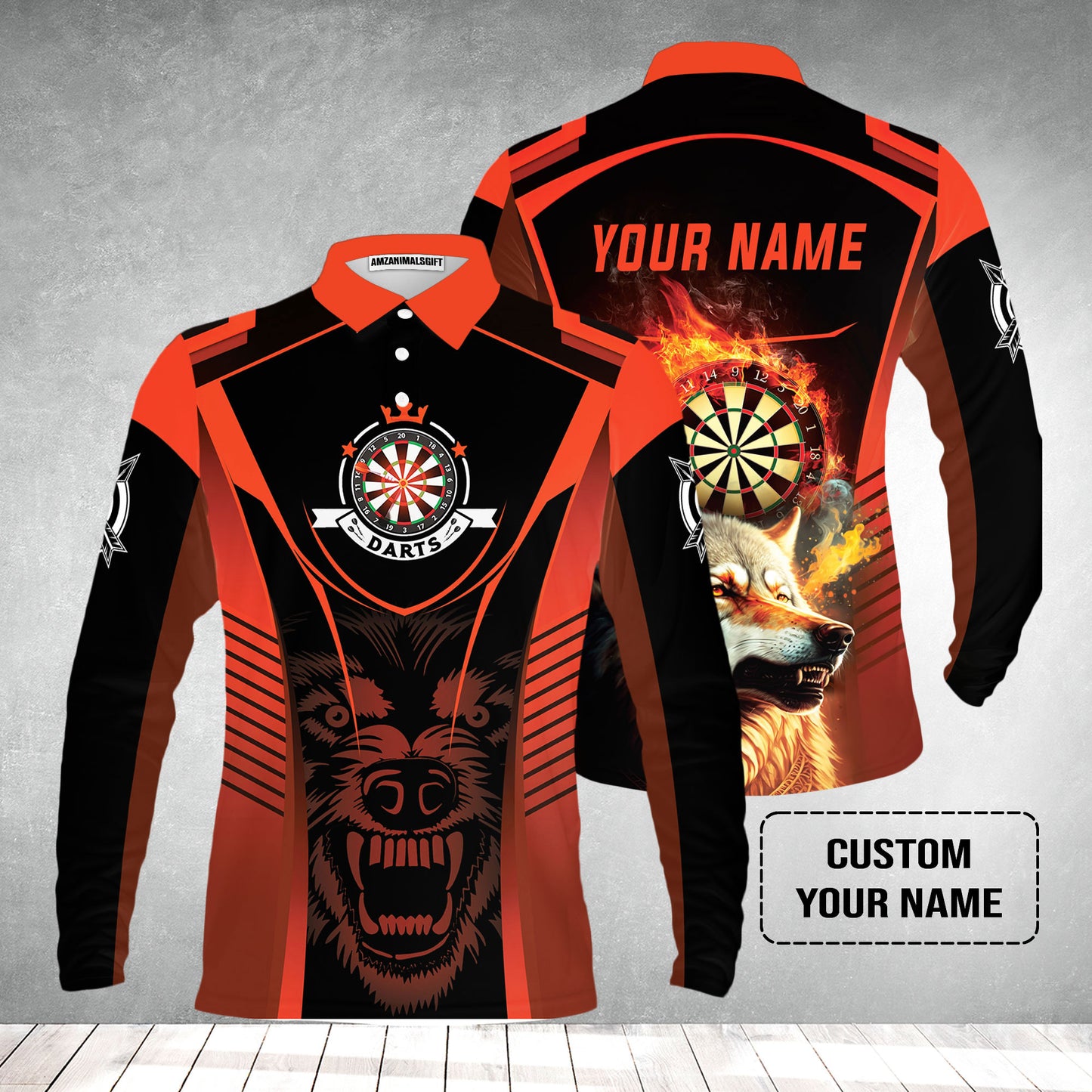 Custom Name Darts Men's Long Sleeve Polo Shirt, Orange Wolf Dartboard Personalized Long Sleeve Polo Shirt - Gift For Darts Players