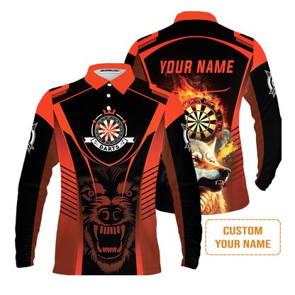 Custom Name Darts Men's Long Sleeve Polo Shirt, Orange Wolf Dartboard Personalized Long Sleeve Polo Shirt - Gift For Darts Players