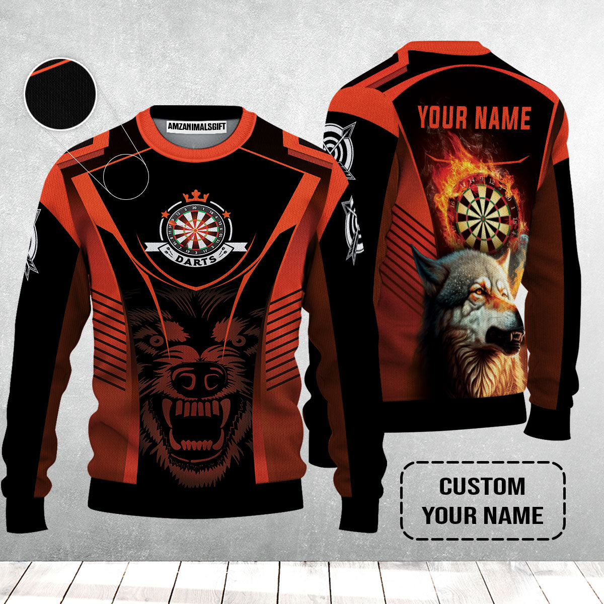 Custom Name Darts Sweater, Orange Wolf Dartboard Personalized Sweater - Gift For Darts Players