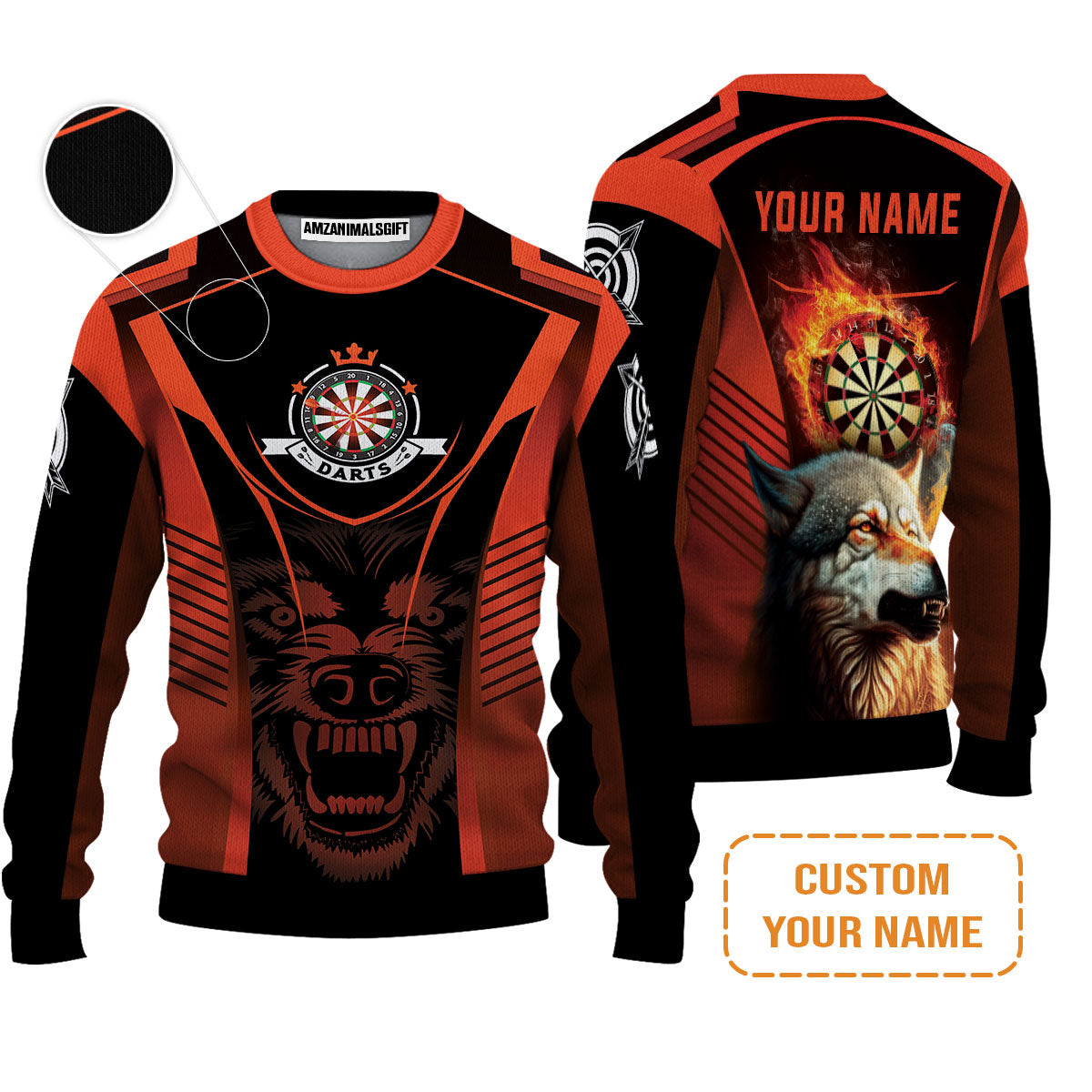 Custom Name Darts Men's Long Sleeve Polo Shirt, Orange Wolf Dartboard Personalized Long Sleeve Polo Shirt - Gift For Darts Players