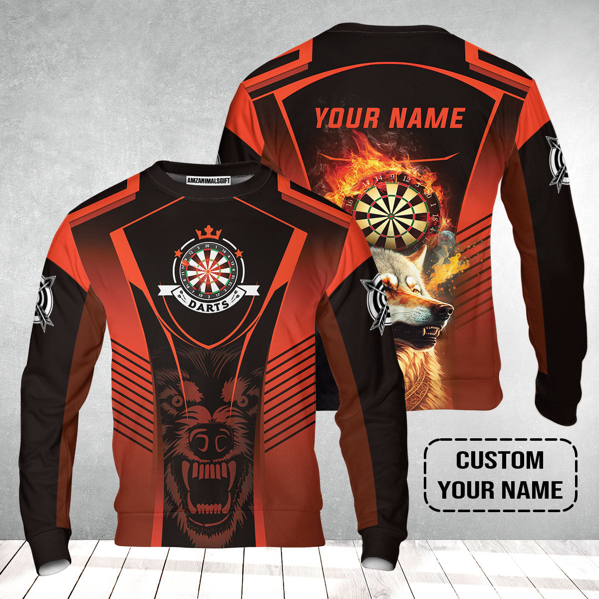 Custom Name Darts Sweatshirt, Orange Wolf Dartboard Personalized Sweatshirt - Gift For Darts Players
