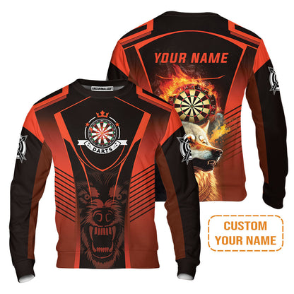 Custom Name Darts Men's Long Sleeve Polo Shirt, Orange Wolf Dartboard Personalized Long Sleeve Polo Shirt - Gift For Darts Players