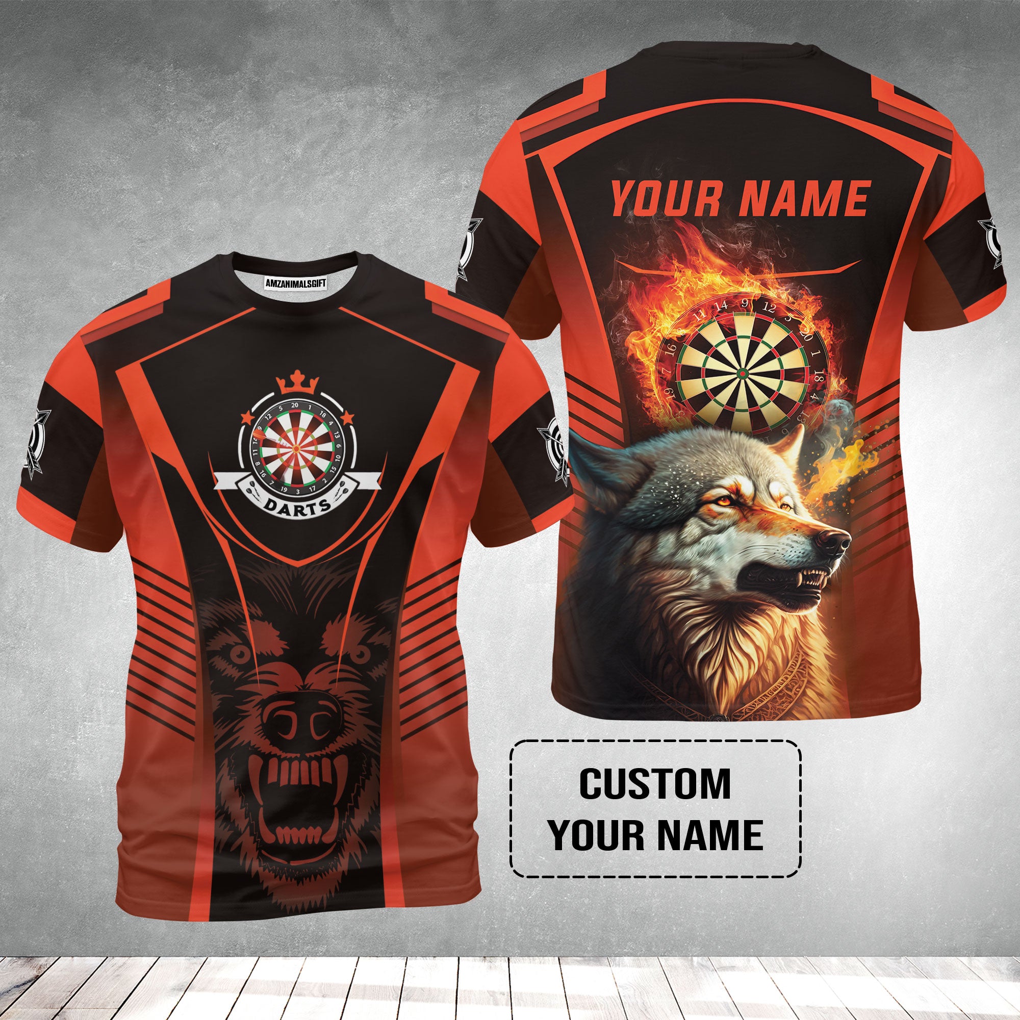 Custom Name Darts T-Shirt, Orange Wolf Dartboard Personalized T-Shirt - Gift For Darts Players