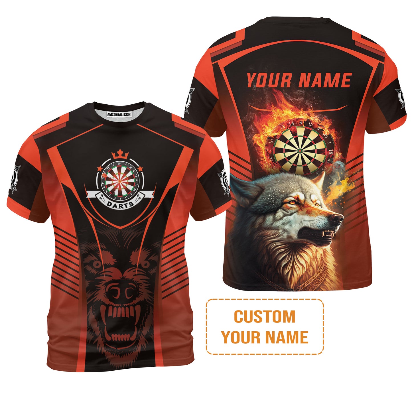 Custom Name Darts Men Polo Shirt, Orange Wolf Dartboard Personalized Polo Shirts, Gift For Men, Darts Lovers, Darts Players