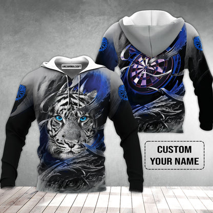 Darts Custom Name Hoodie, Blue Bullseye Dartboard Personalized Name Tiger And Darts Hoodie
