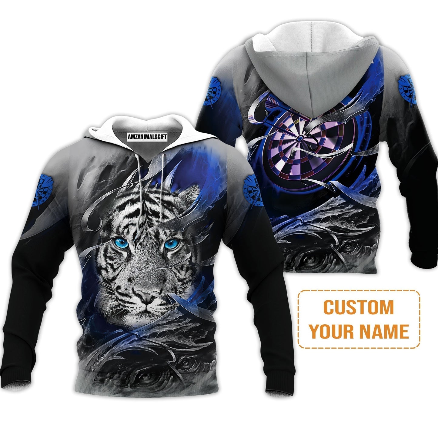 Darts Custom Name T-Shirt, Blue Bullseye Dartboard Personalized Name Tiger And Darts T-Shirt