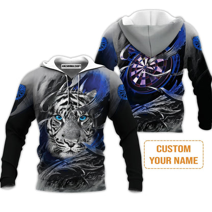 Darts Custom Name T-Shirt, Blue Bullseye Dartboard Personalized Name Tiger And Darts T-Shirt