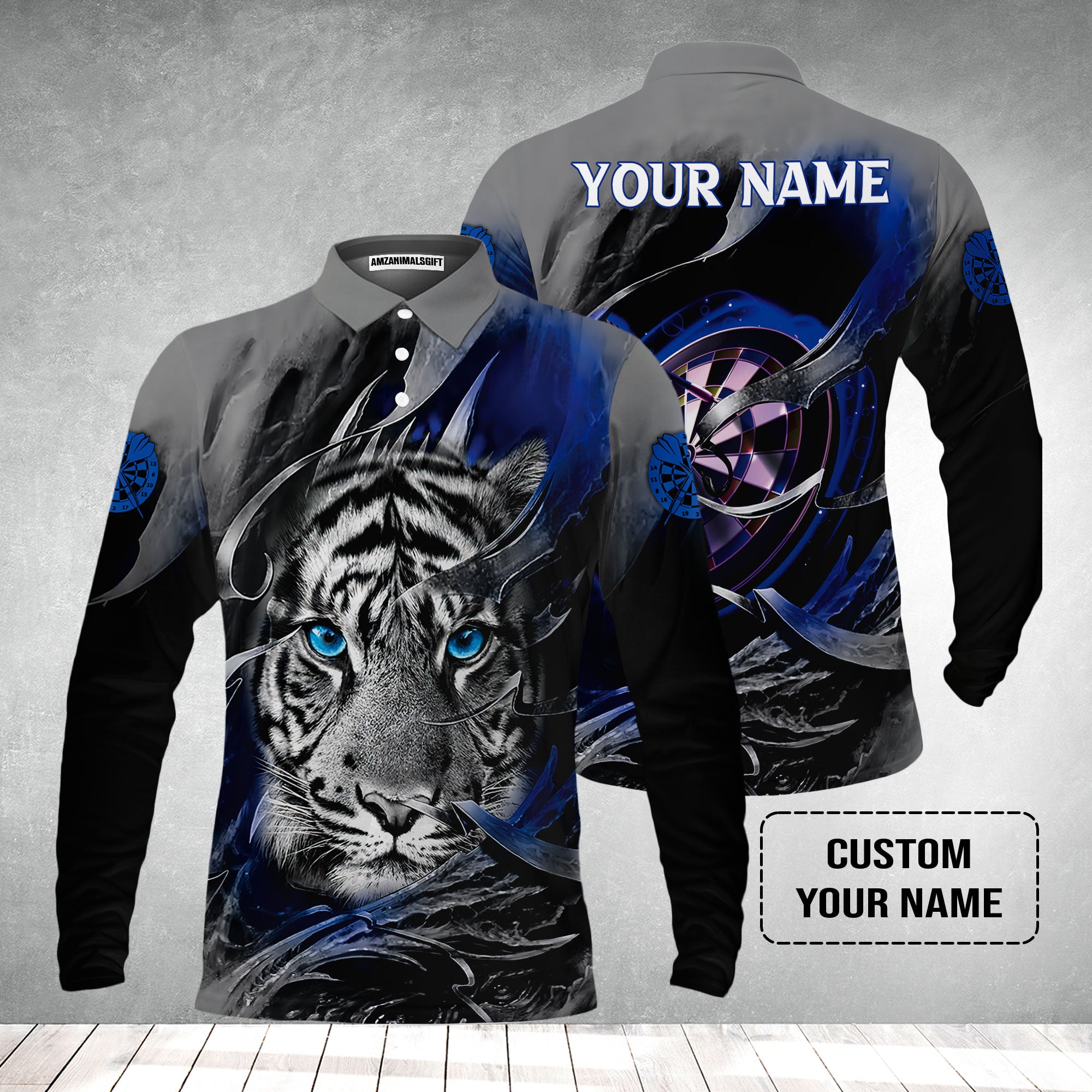 Darts Custom Name Men's Long Sleeve Polo Shirt, Blue Bullseye Dartboard Personalized Name Tiger And Darts Long Sleeve Polo Shirt
