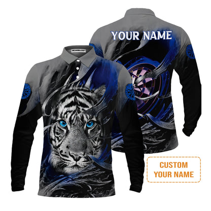 Darts Custom Name Men's Long Sleeve Polo Shirt, Blue Bullseye Dartboard Personalized Name Tiger And Darts Long Sleeve Polo Shirt