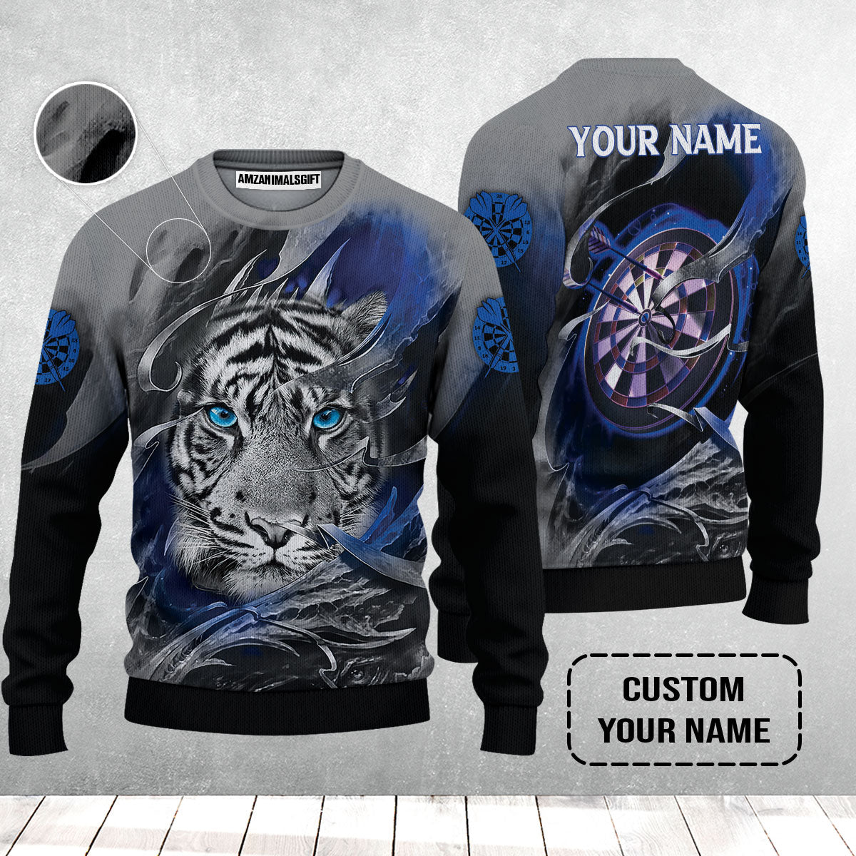 Darts Custom Name Sweater, Blue Bullseye Dartboard Personalized Name Tiger And Darts Sweater