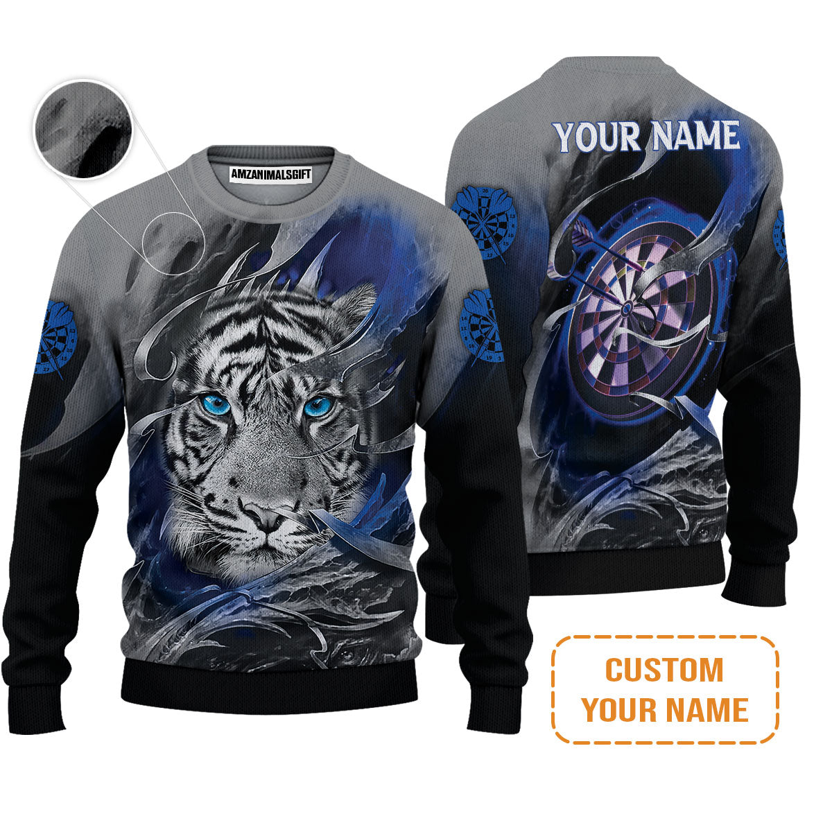 Darts Custom Name T-Shirt, Blue Bullseye Dartboard Personalized Name Tiger And Darts T-Shirt