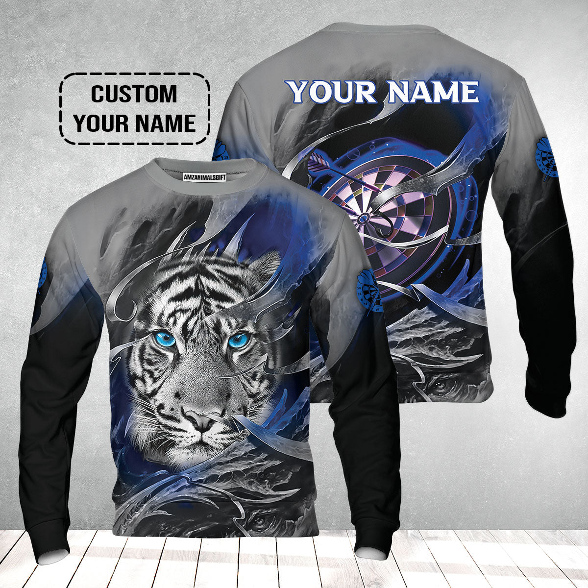 Darts Custom Name Sweatshirt, Blue Bullseye Dartboard Personalized Name Tiger And Darts Sweatshirt