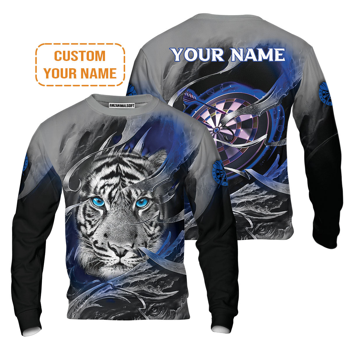 Darts Custom Name Sweatshirt, Blue Bullseye Dartboard Personalized Name Tiger And Darts Sweatshirt