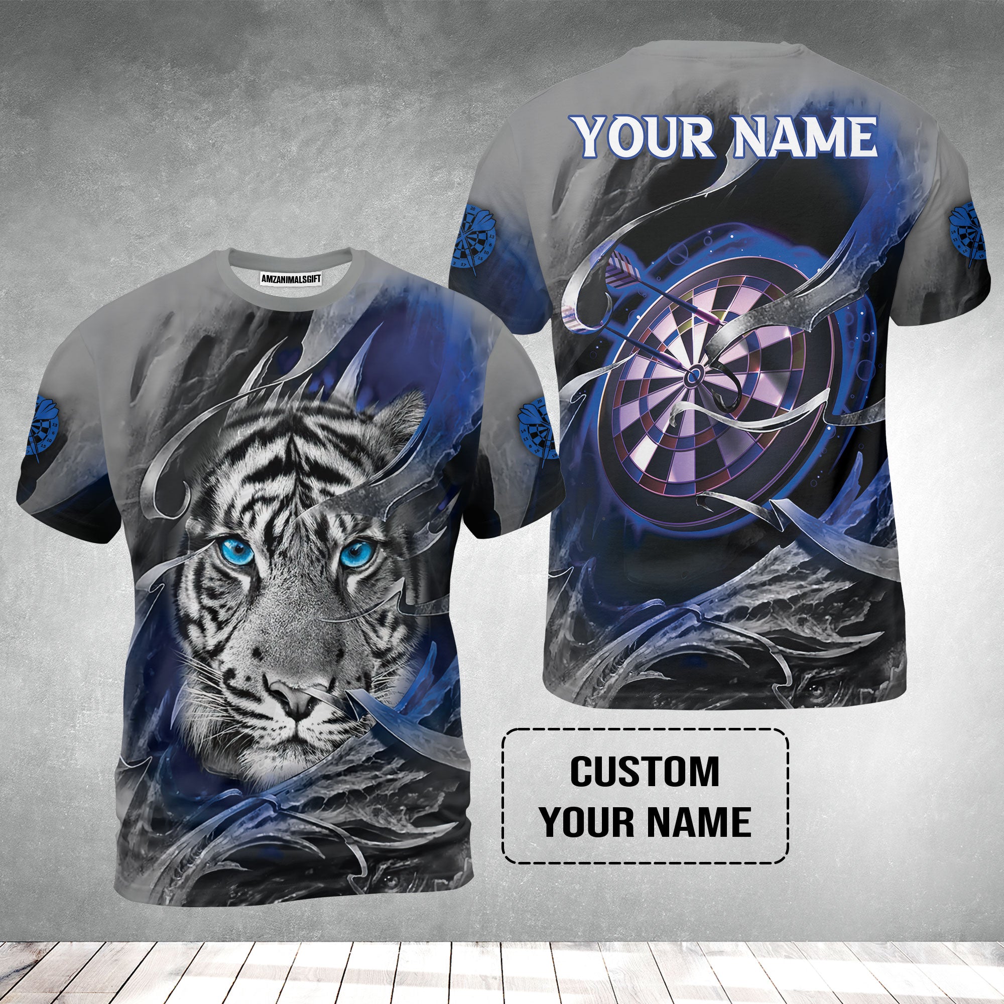 Darts Custom Name T-Shirt, Blue Bullseye Dartboard Personalized Name Tiger And Darts T-Shirt