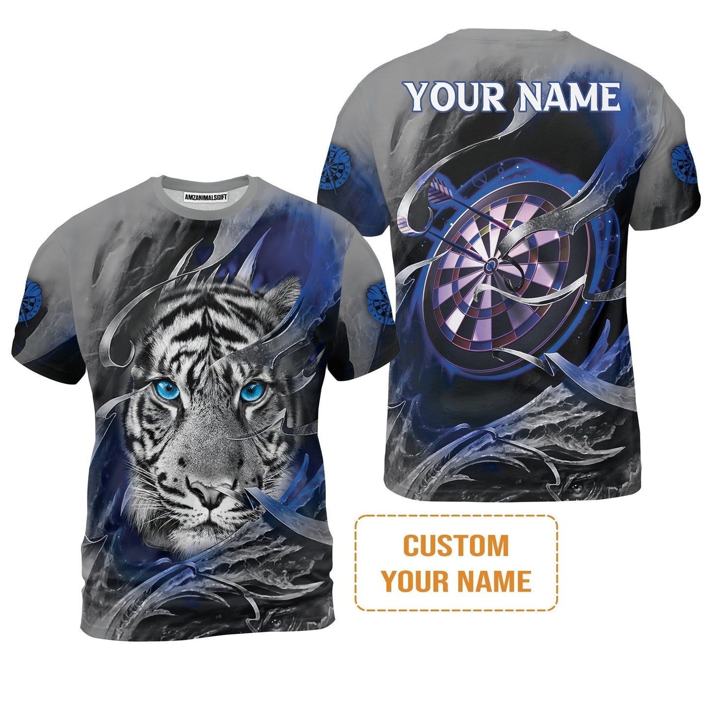 Darts Custom Name T-Shirt, Blue Bullseye Dartboard Personalized Name Tiger And Darts T-Shirt