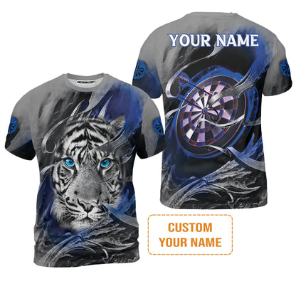 Darts Custom Name Men's Long Sleeve Polo Shirt, Blue Bullseye Dartboard Personalized Name Tiger And Darts Long Sleeve Polo Shirt