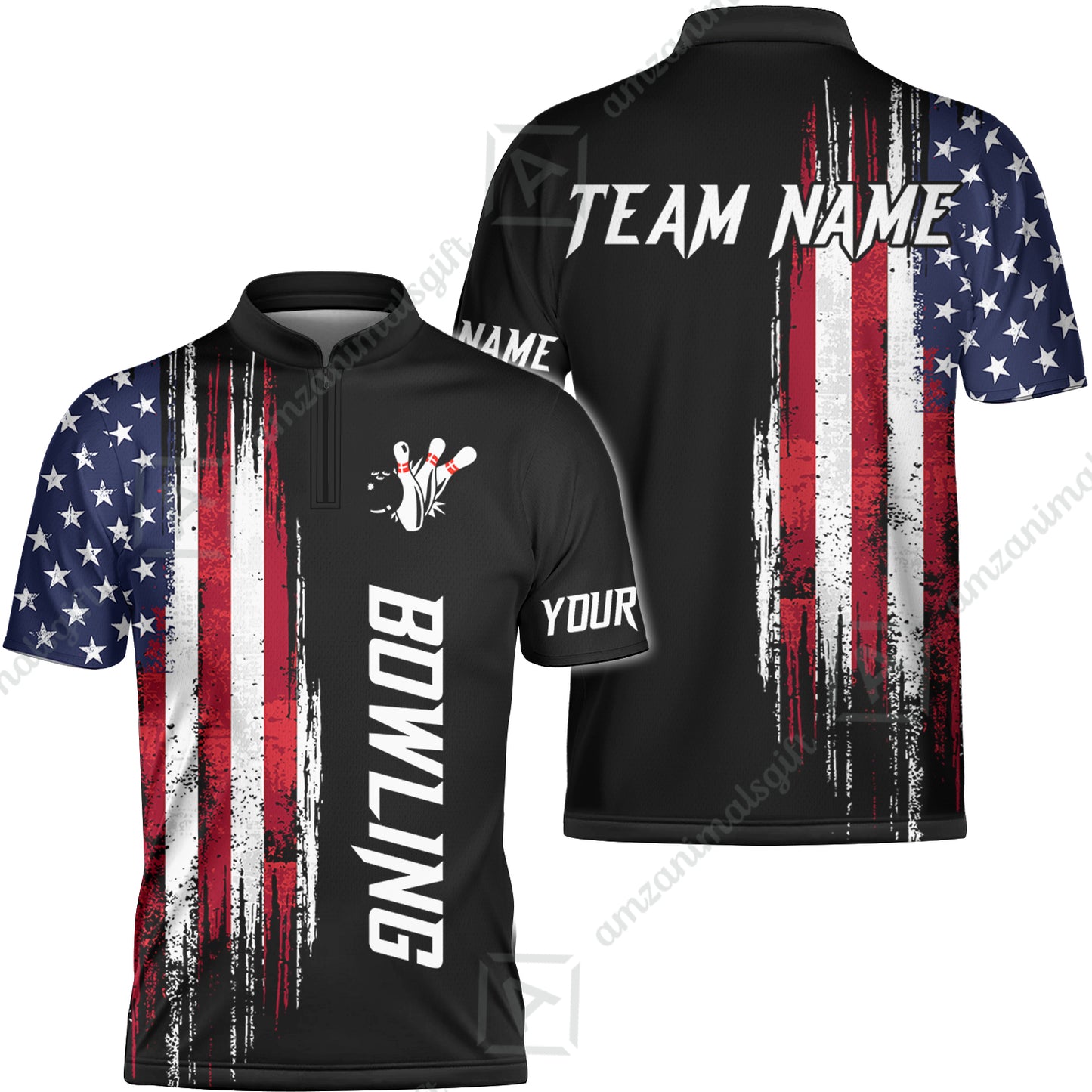 Personalized Polo American Flag Bowling Black Shirt, Bowling Jersey Shirt For Tournament Team Men Women Bowlers