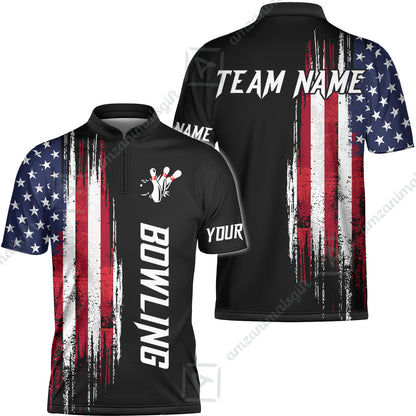 Personalized Polo American Flag Bowling Black Shirt, Bowling Jersey Shirt For Tournament Team Men Women Bowlers