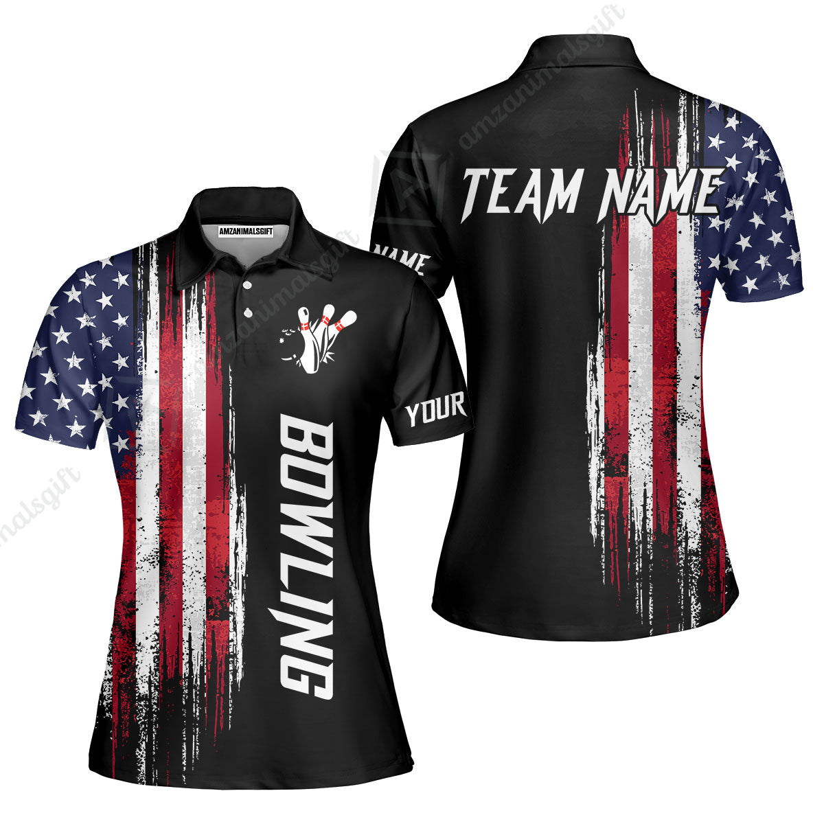 Personalized Polo American Flag Bowling Black Shirt, Bowling Jersey Shirt For Tournament Team Men Women Bowlers