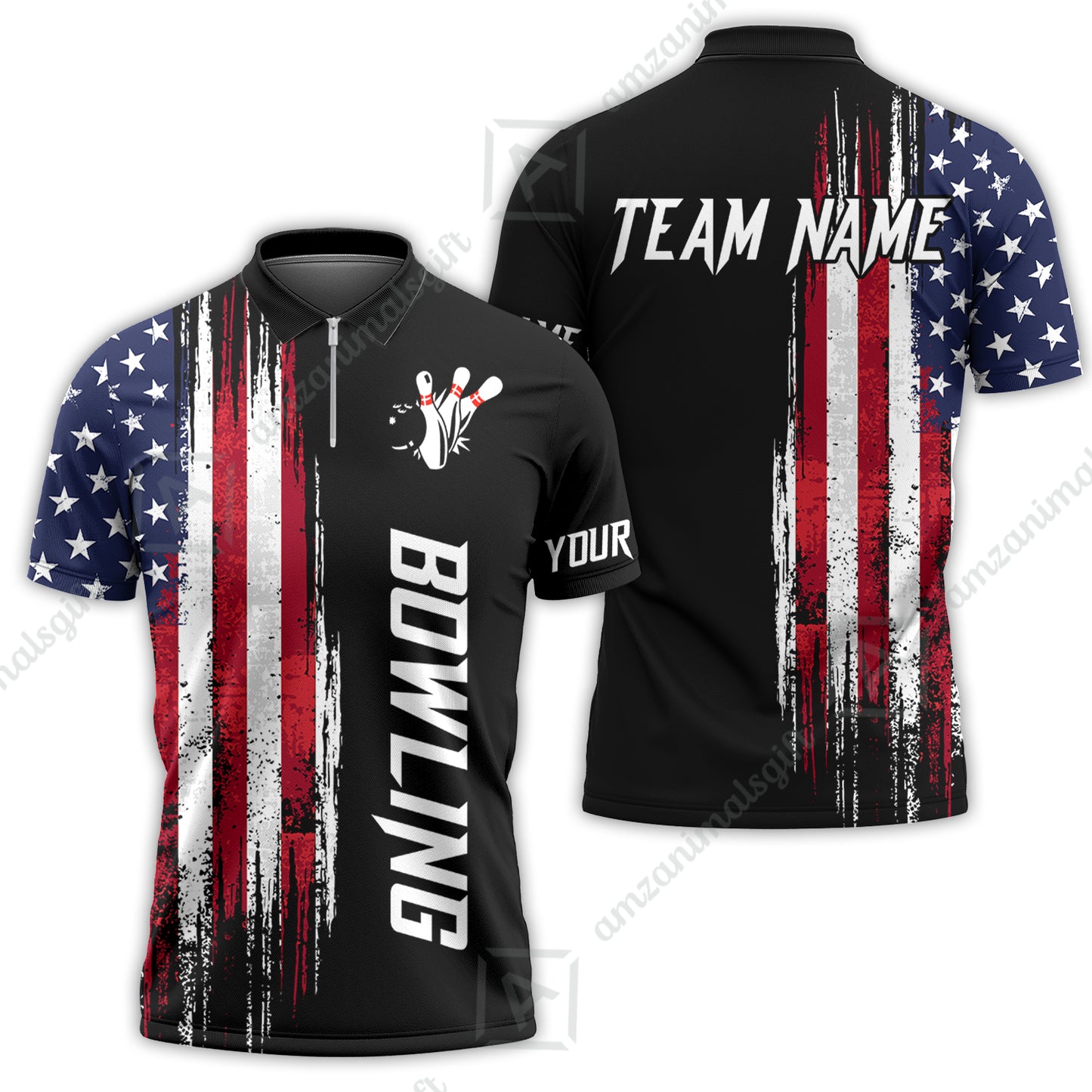 Personalized Polo American Flag Bowling Black Shirt, Bowling Jersey Shirt For Tournament Team Men Women Bowlers