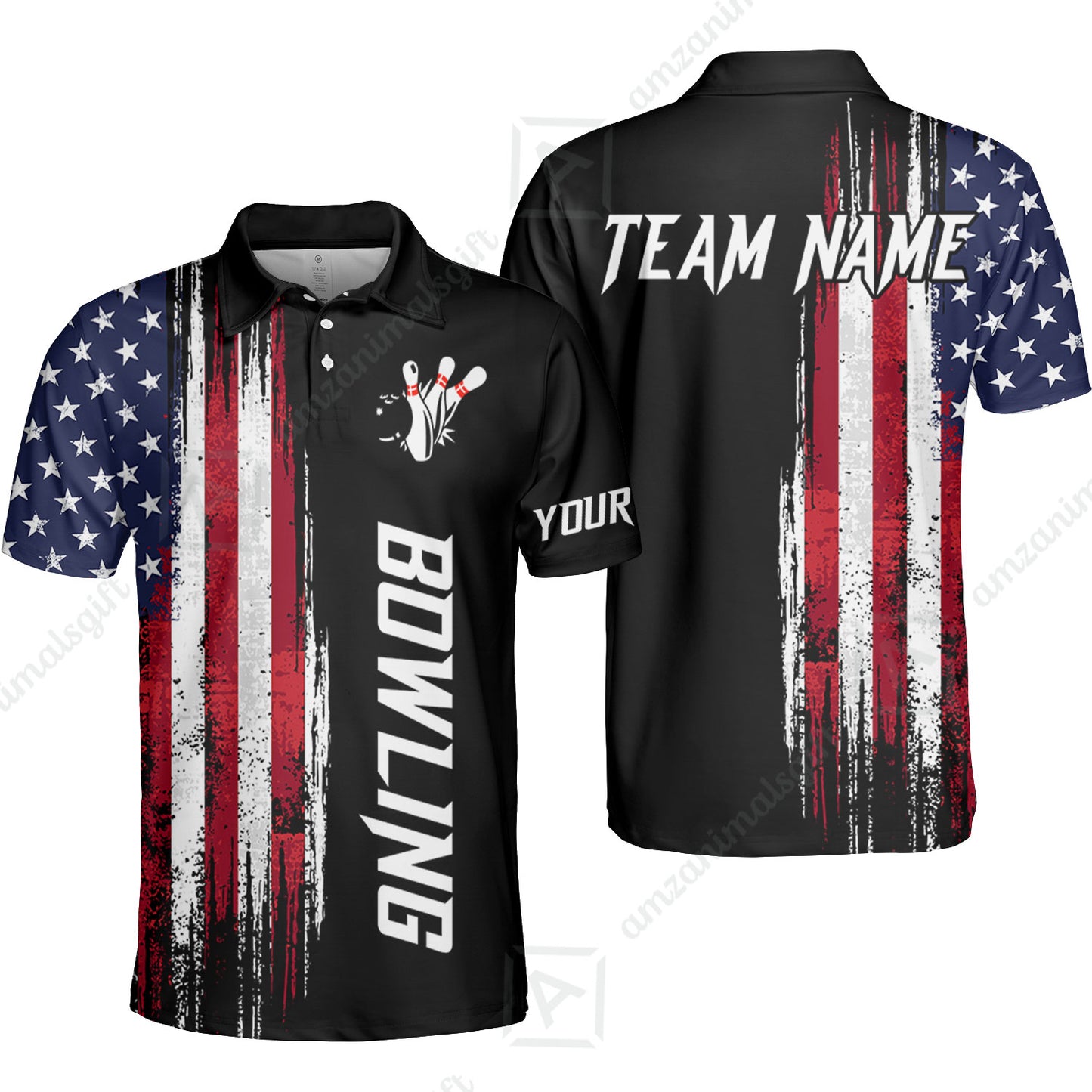 Personalized Polo American Flag Bowling Black Shirt, Bowling Jersey Shirt For Tournament Team Men Women Bowlers