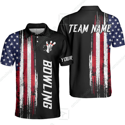 Personalized Polo American Flag Bowling Black Shirt, Bowling Jersey Shirt For Tournament Team Men Women Bowlers