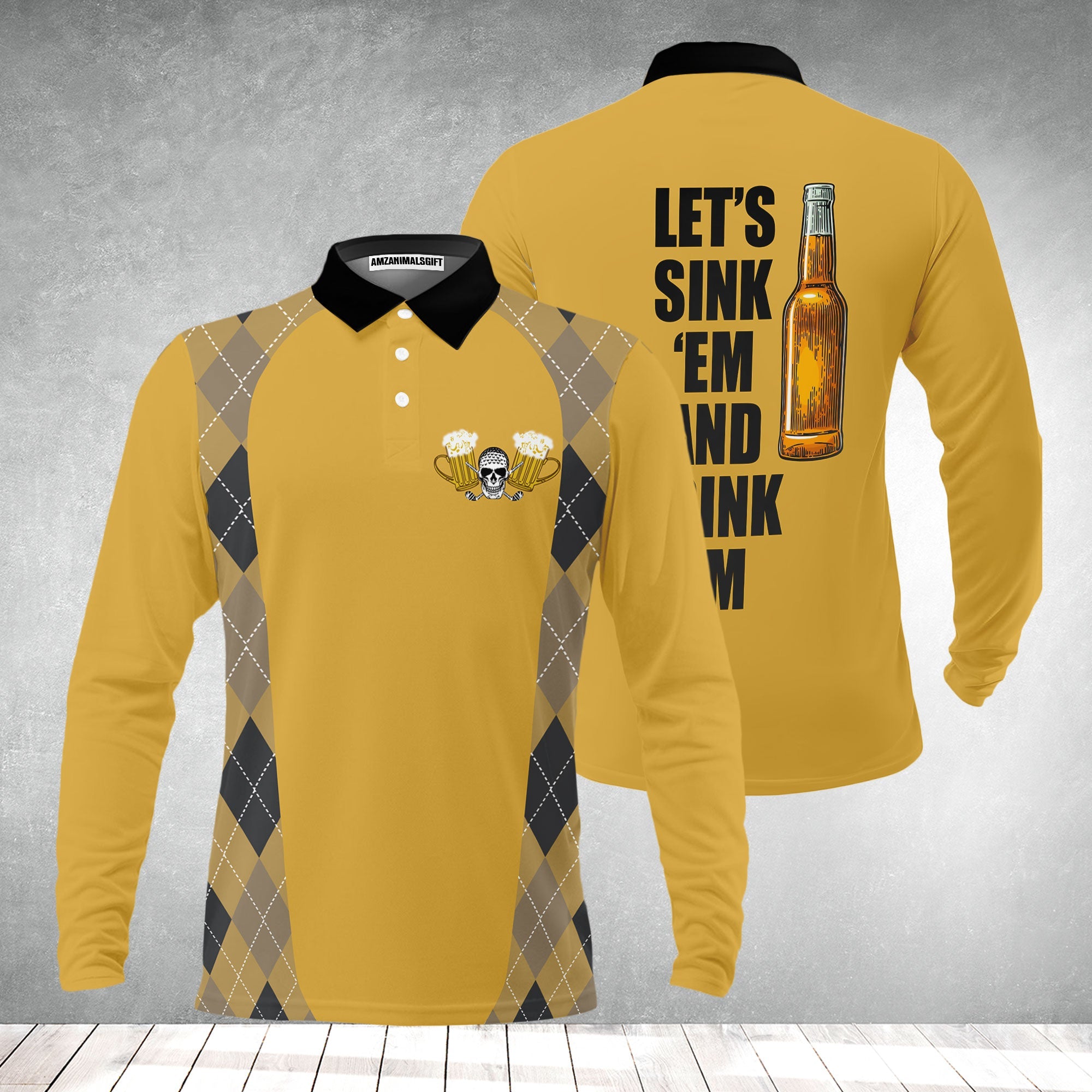 Plaid Pattern Golf Beer Men Long Sleeve Polo Shirt , Let's Sink 'Em And Drink 'Em Golf Long Sleeve Polo Shirt