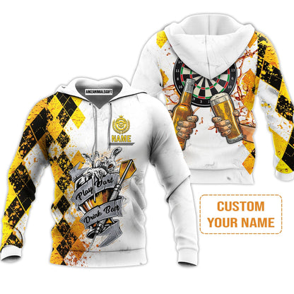 Darts Personalised Hoodie, Play Dart Drink Beer Argyle Pattern Custom Name Hoodie